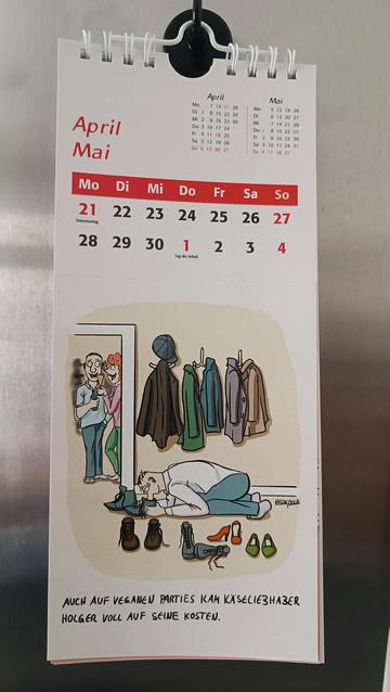 Kalenderseite aus dem aktuellen Eulenspiegel Postkartenkalender 2025, April bzw Mai, mit einem meiner Cartoons.