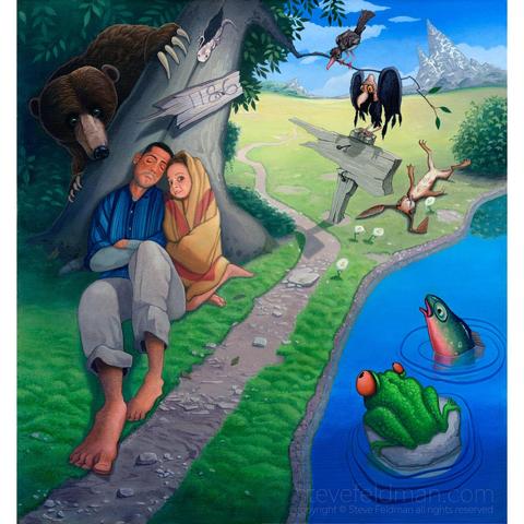 “The Artist and his Daughter Resting before Resuming the Journey” is an acrylic painting of a man leaning against a tree sleeping while his young daughter wrapped in a towel sits next to him looking engagingly at the viewer. The two figures rest along a path in a strange landscape while various animals observe them.