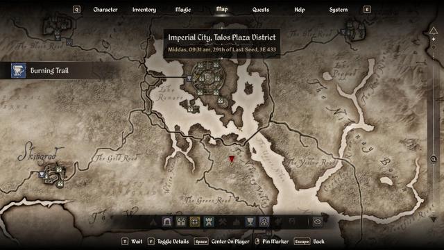 The map view of Cyrodiil, centered just south of the Imperial city, it shows a red arrow map-marker for the Burning Trail quest.