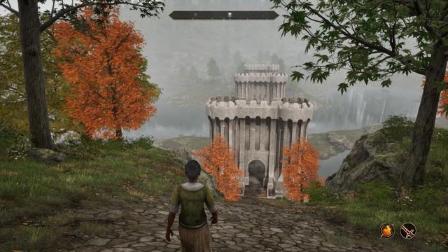 A view of the exit from the Imperial City, overlooking a large stone bridge, the weather is foggy, an NPC is walking in fron of Ponders.