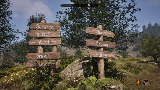 Roadsigns at the fork in the road just after crossing the bridge off the Imperial City island. Pointing left: Skingrad, Kvatch (with 3 slash marks next to the name), Anvil, Bravil, and Leyawiin. And right: Chorrol, Bruma, and Cheydinhal.