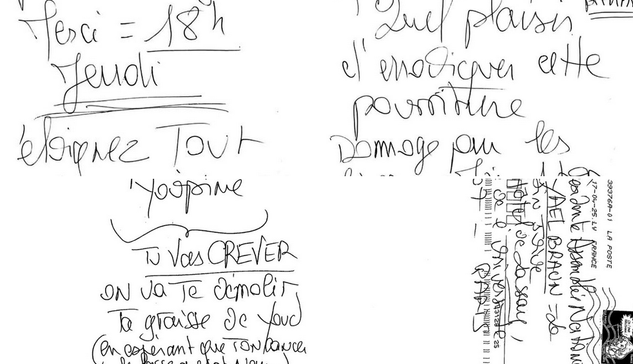 Extrait d'une lettre d'injures et de menaces antisémites que Yaël Braun Pivet affirme avoir reçu mercredi 24 avril: "Ça fait un moment que l’on cherche à éliminer cette putain de juive", "Quel plaisir d’éradiquer cette pourriture", "tu vas crever" etc. 