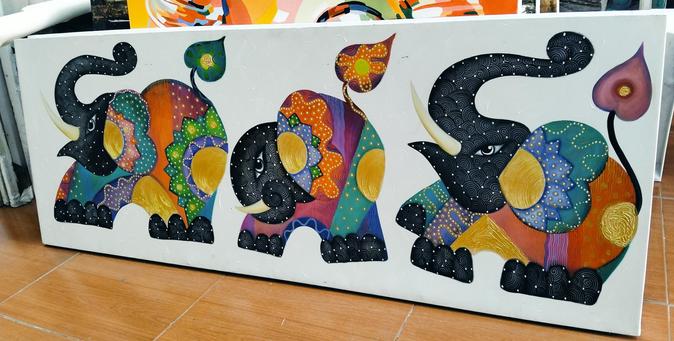 a painting of three elephants against a white background, seen from the side facing left, their bodies have bright patterns and designs on them, they are dancing and happy 
a painting of three elephants against a white background, seen from the side facing left, their bodies have bright patterns and designs on them, they are dancing and happy 