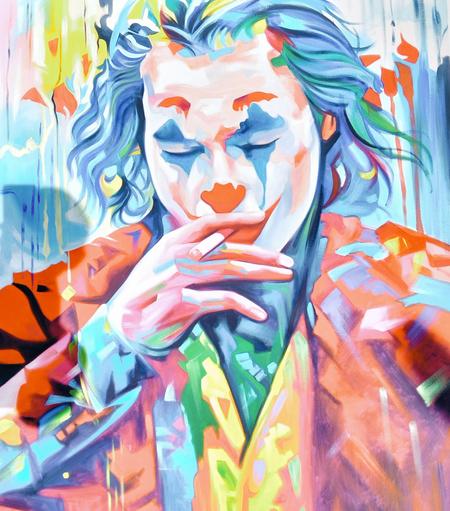a painting of the joker, smoking a cigarette, seen from his chest up, done in an impressionist style with a bright light palette of colors 