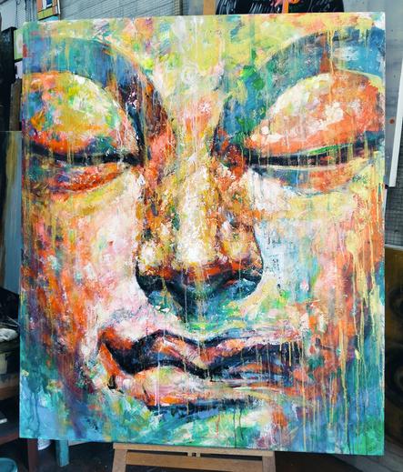 a painting of a face, close-up, the face is done in light reds and greens and yellows and blues, splatter and drip effects on it 