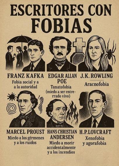 Una ilustración en donde salen varios escritores famosos y las fobias que tienen (o tenían en vida). Y una de ellos es JK Rowling, autora de Harry Potter, que dice que tiene aracnofobia, y yo añado que falta "transfobia".