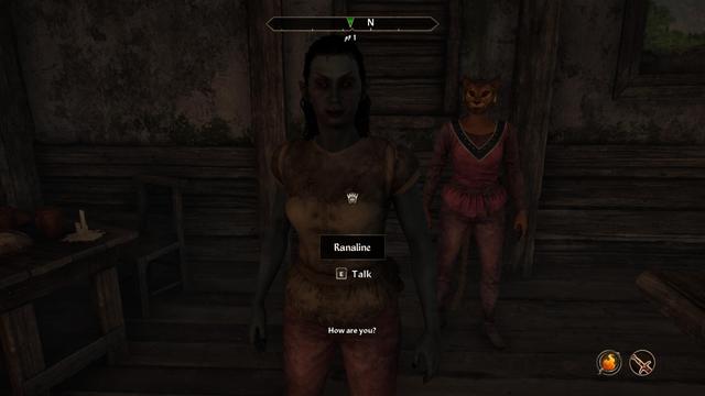 Ranaline, the only Dunmer in this inn, also the only NPC here marked "essential" as indicated by the cursor becoming a crown when looking at her.