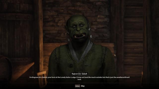 Bodrum Gro-Galash, the inn-keeper:
"I'm Bogrum Gro-Galash, your host at the Lonely Suitor Lodge. It may not look like much outside, but that's just the weathered Bravil look."

He's a green Ork, with a wide mouth and large teeth.