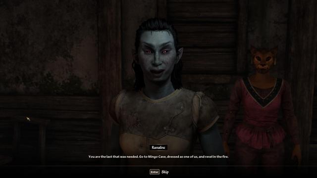 After congratulating Ponders on finding all four notes Ranaline tells us:

"You are the last that was needed. Go to Mingo Cave, dressed as one of us, and revel in the fire."

She's a grey-ish-blue Dunmer elf lady with black and red eyes and pointy ears.
