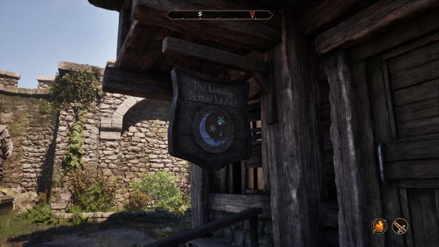 The sign of The Lonely Suitor Lodge, an inn in Bravil.