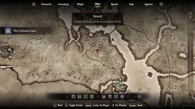 The map screen with a red quest marker on Mingo Cave, just south of Hircine's Shrine, and norht of Bravil.