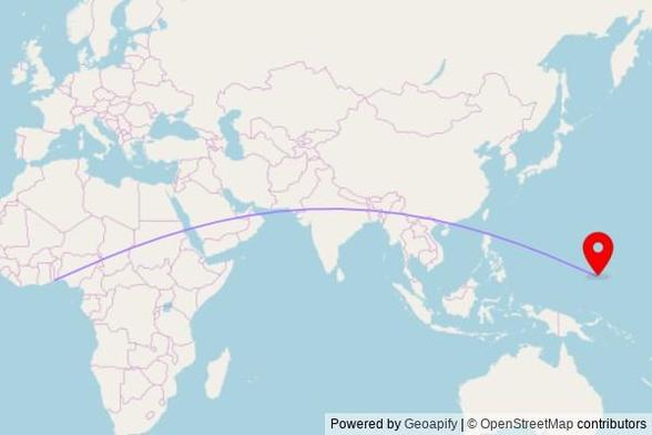 A map showing the great circle route from Vogan in Togo to a map pin at Grace Baptist Chutrch, Weno Main Road, Weno, FM 96942, United States of America
