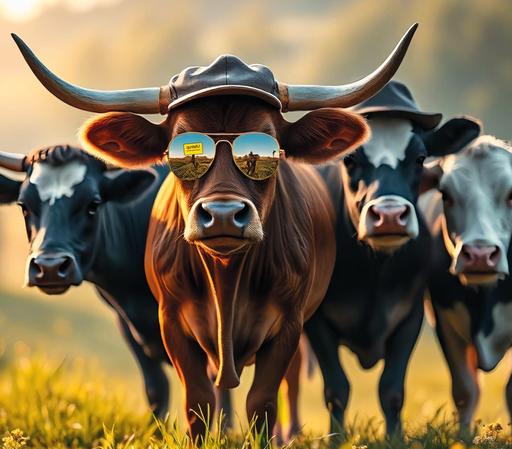 Vier Kühe, eine davon etwas weiter vorne, mit verspiegelter Sonnenbrille, Basecap und langen Hörnern, stehen nebeneinander auf einer Wiese und gucken wie eine Band auf einem typischen Bandfoto in die Kamera. Die vordere Kuh ist braun, die anderen sind schwarz-weiß und leicht unscharf.