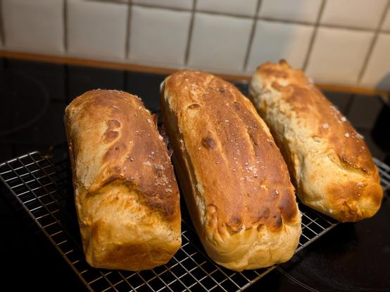 Three freshly baked loaves of bread.