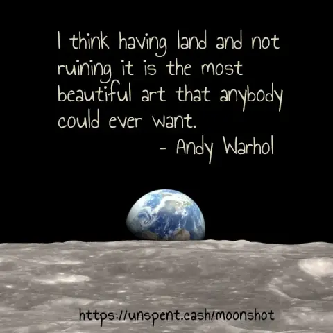 1968 photo of earth from space with Andy Warhol quote: "I think having land and not ruining it is the most beautiful art that anybody could ever want"