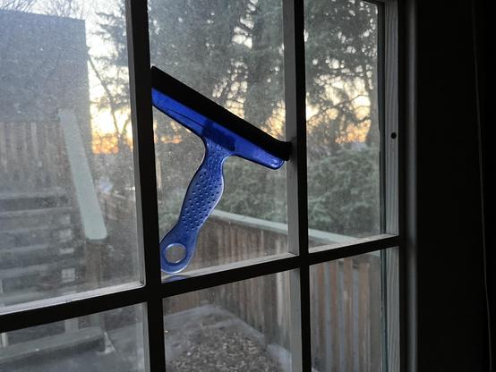 Dirty Panes of glass in a door support a small blue squeegee as a memory device to clean