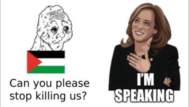 A meme with a Palestinian person saying “Can you please stop killing us?” With AIPAC-sponsored Kamala Harris famously replying, “I’m speaking.”