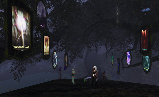 An elevated pathway recedes from the viewer into a misty forest. In the middle of the path, several figures are standing; two woman and a frog standing on two legs. On either side of the path hang banners with various images and texts.