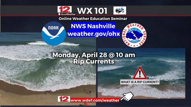 Next #Weather101 #weathereducation program coming up Monday morning at 10 AM CDT courtesy of @NWSNashville. Topic: #RipCurrents 

Registration / information available at: https://www.weather.gov/ohx/weather101 
