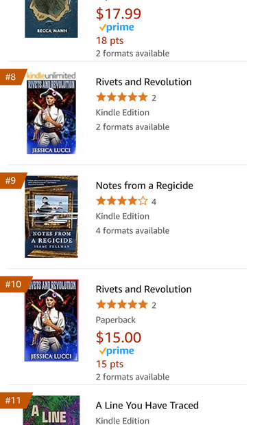 Amazon top 10 science fiction new releases, with “Rivets and Revolution” ebook and paperback in 8th and 10th spots!”