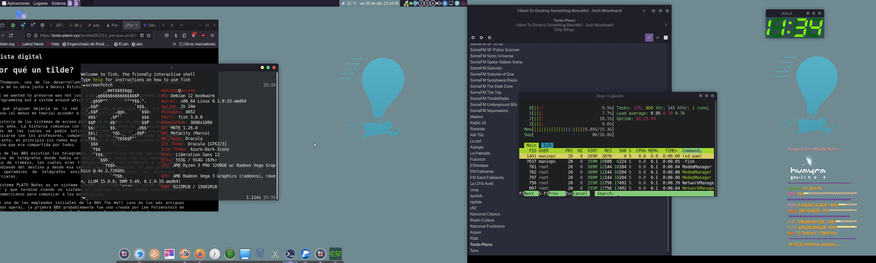captura de pantalla con dos monitores y varias ventanas abiertas, sobre Huayra/mate y plank como docker