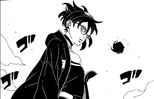 Sarada using her Mangekyō Sharingan from the manga series Boruto: Two Blue Vortex Chapter 21.