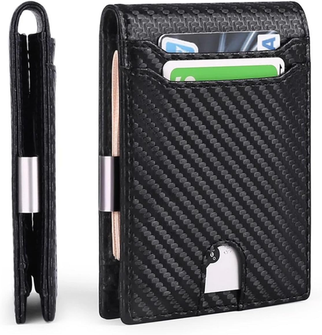 Men's Slim Minimalist Bifold Wallet - RFID Blocking Front Pocket Credit Card Holder with ID Window (Black Carbon Fiber)