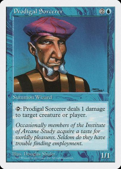 Card Name: Prodigal Sorcerer
Set: Fifth Edition
Description: {T}: This creature deals 1 damage to any target.
Artist: Douglas Shuler