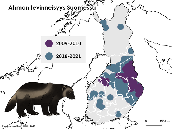 a map of finland showing an increase in wolverine range over the last decade, moving south