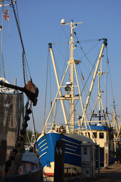 Farbfotografie im Hochformat wurde entlang einer Mole im Hafen fotografiert. In der Bildmitte ist ein Fischkutter mit blauen Rumpf und Creme-weiß gestrichenen Aufbauten zu sehen, der an der Mole vertäut ist. Davor und dahinter sind weitere Schiffe zu erkennen. Fotografiert am Abend bei leicht diesigem blauen Sommerhimmel. 