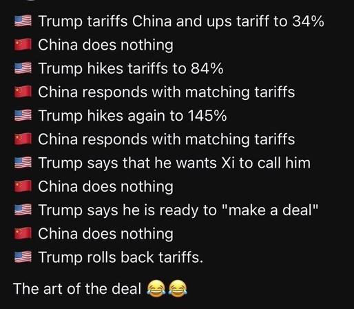 🇺🇸 Trump tariffs China and ups tariff to 34%
🇨🇳 China does nothing
🇺🇸 Trump hikes tariffs to 84%
🇨🇳 China responds with matching tariffs
🇺🇸 Trump hikes again to 145%
🇨🇳 China responds with matching tariffs
🇺🇸 Trump says that he wants Xi to call him
🇨🇳 China does nothing
🇺🇸 Trump says he is ready to "make a deal"
🇨🇳 China does nothing
🇺🇸 Trump rolls back tariffs.

The art of the deal 😂😂