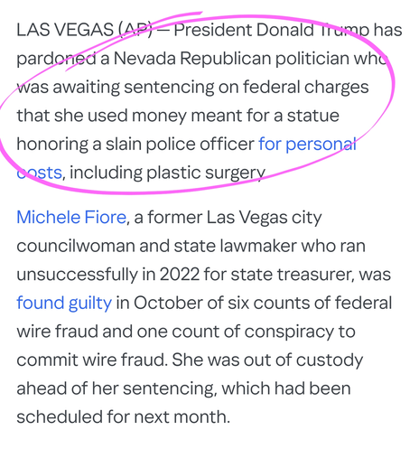 LAS VEGAS (AP) — President Donald Trump has pardoned a Nevada Republican politician who was awaiting sentencing on federal charges that she used money meant for a statue honoring a slain police officer for personal costs, including plastic surgery.

Michele Fiore, a former Las Vegas city councilwoman and state lawmaker who ran unsuccessfully in 2022 for state treasurer, was found guilty in October of six counts of federal wire fraud and one count of conspiracy to commit wire fraud. She was out of custody ahead of her sentencing, which had been scheduled for next month.