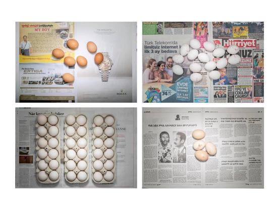 La Ligne de Pauvreté (2010 – en cours) utilise l'alimentation comme lentille universelle pour explorer les choix quotidiens vécus par ceux qui vivent au seuil de la pauvreté. Depuis 2010, les artistes ont parcouru plus de 200 000 kilomètres pour créer des études de cas dans 38 pays et territoires. Chaque pays est évalué selon la définition officielle de la pauvreté, en utilisant soit les dépenses alimentaires moyennes des ménages à faible revenu, soit l'intégralité du revenu quotidien d'une personne pauvre.

Les produits alimentaires sont achetés sur les marchés locaux et photographiés sur des journaux locaux le jour de la prise de vue. Une méthode typologique est utilisée pour garantir une esthétique identique dans le temps et à travers différentes régions. Le travail explore la mondialisation de la production et de la consommation alimentaires.

Les portraits des aliments, éclairés de manière dramatique, font écho aux peintures classiques de nature morte tout en abordant la réalité contemporaine. Les journaux, avec leurs gros titres criants, servent de toile de fond, soulignant notre obsession pour l'information dans un monde numérique où l'accessibilité de l'information est remise en question.

La Ligne de Pauvreté pose des questions essentielles sur la pauvreté, les inégalités et la mondialisation, confrontant le spectateur à une réflexion sur notre propre situation dans un monde globalisé.
