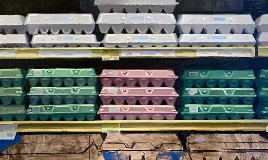 I took some liberties with this egg aisle composition.  I eliminated the top row except for the middle carton to create a vertical component to the overall horizontal quality of the long canvas, and the egg carton shapes.  I also altered colors of the egg cartons to create a subtle pattern.  This pattern kind of reflects the scene of a sunset between two hills.  The pink cartons acting as the sun, the green cartons as the hills/foliage, and the blue cartons acting as water, lastly the white cartons acting as clouds.  Just a little playtime thoughts while painting.