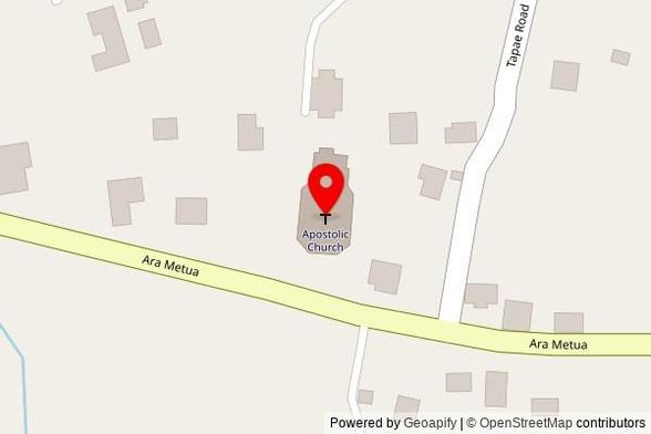 A zoomed out map with a pin at the position of Apostolic Church, Ara Metua, Avarua, Cook Islands