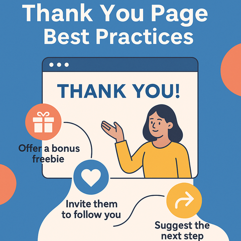  flat-style digital illustration infographic titled 'Thank You Page Best Practices.' It features a woman smiling and waving inside a web browser window with a big 'THANK YOU!' text. Around her, icons show three tips: 'Offer a bonus freebie,' 'Invite them to follow you,' and 'Suggest the next step,' with a blue and coral orange design.
