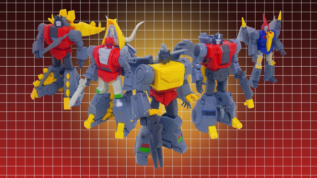G1 Snarl, Slag/Slug, Grimlock, Sludge, and Swoop (Newage Toys' Varan, Gorgo, Ymir, Rhedosaurus, and Freyr) in robot mode, holding their weapons.