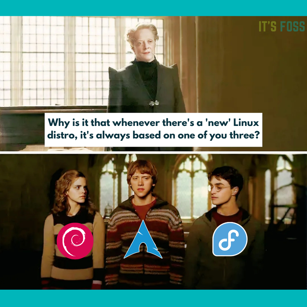 In the first pic, a lady asks, "Why is it that whenever there's a 'new' Linux distro, it's always based on one of you three? In the second pic, three people are seen standing, Debian, Arch Linux, and Fedora.