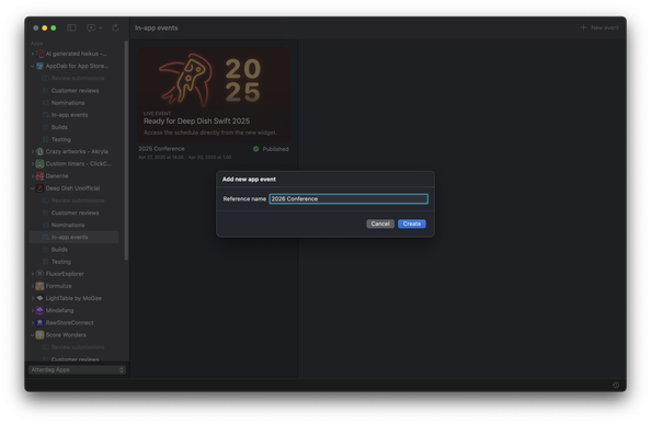 Screenshot of AppDab displaying an In-App Event for Deep Dish Swift 2025, with a draft event for the anticipated 2026 conference being created.