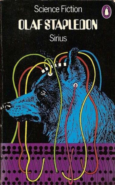 The image is a book cover featuring a black background with the title "Sirius" and the author's name "Olaf Stapledon" in white, stylized text. At the top, "Science Fiction" is written in smaller white letters. The centerpiece is a surreal illustration of a blue dog's head in profile, facing left. Several colorful, wavy lines in yellow, red, green, and blue are connected to or surrounding the dog's head, resembling a blend of wires or abstract neural connections. Below the dog's head, a purple section with a pattern of black dots and lines adds contrast to the design. In the top right corner, a small, white penguin within a purple circle represents the publisher’s logo.

Alt-text:

Book cover of "Sirius" by Olaf Stapledon showing a blue dog's head with colorful lines against a black background.

Transcribed Text:

Science Fiction
OLAF STAPLEDON
Sirius