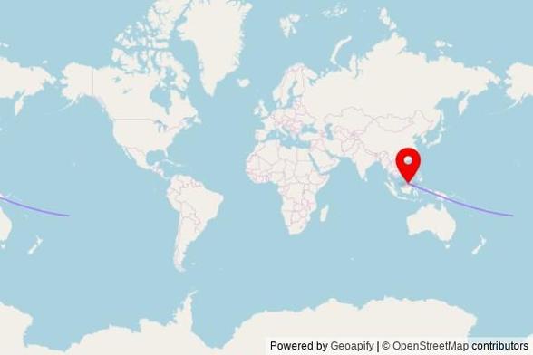 A map showing the great circle route from Avarua in the Cook Islands to a map pin at Saint Margaret's Church, Jalan Bunga Kuning, Seria, Belait District KB2733, Brunei