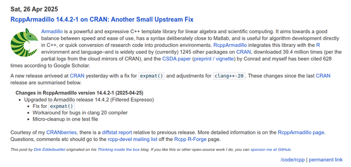 Screenshot of blog post at https://dirk.eddelbuettel.com/blog/2025/04/26#rcpparmadillo_14.4.2-1 describing release 14.4.2-1 of CRAN package RcppArmadillo