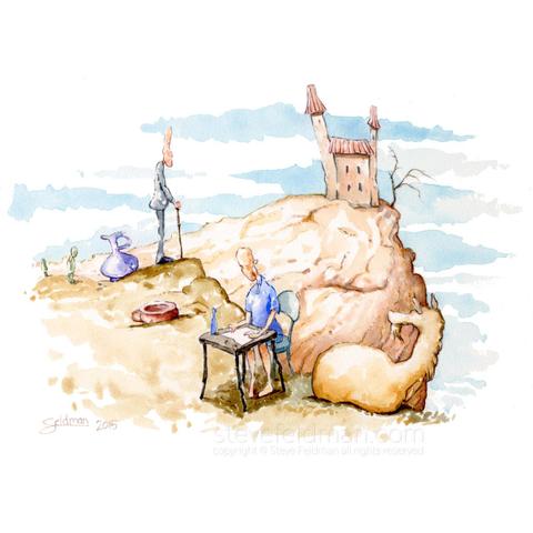 My watercolor painting titled “Ambition, Wisdom, Entropy; The Barbarous Progression” shows two figures, one seated at a small table working beside a reclining equid, the next standing, looking over a ledge looking out into a barren landscape with a run down structure on a distant hill top as a few scattered relics lay about.