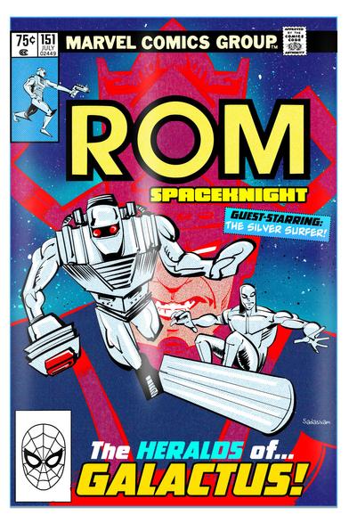 A tribute cover of ROM Spaceknight, created by yours truly, guest starring the Silver Surfer. Galactus looms behind both heroes. The tagline reads “The Heralds of Galactus!”