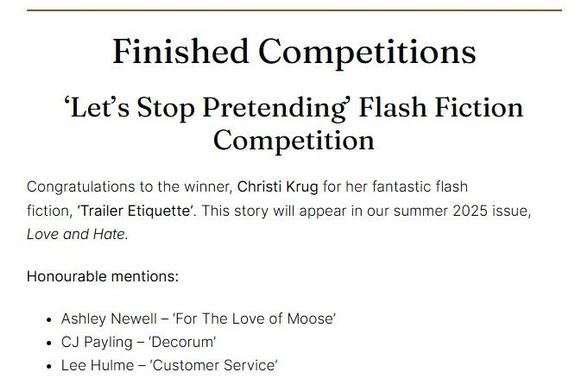 Winner notification for the Penstricken Flash Fiction Competition 2025 'Let's Stop Pretending'.