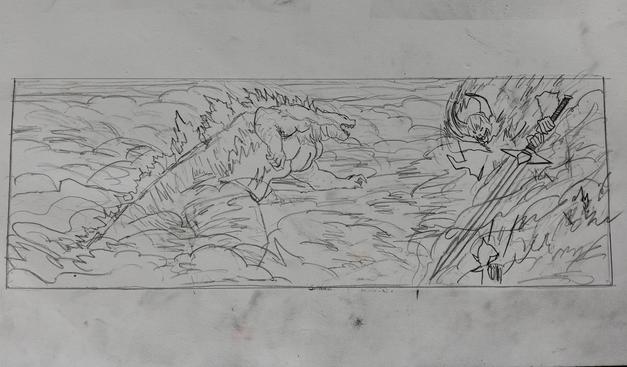 a sketch of godzilla running towards a large flaming warrior, dust and rubble everywhere,  seen from a low perspective 