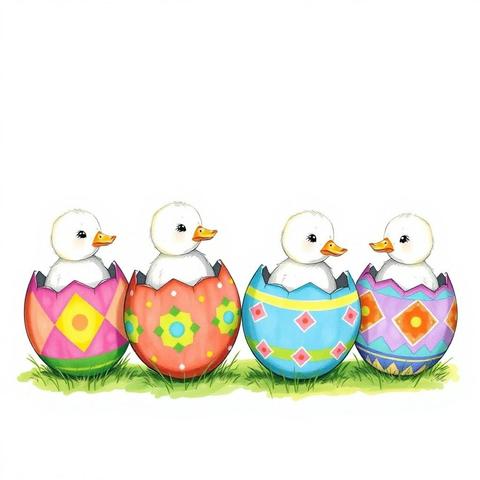 ②«#aiart Generated by MagicEraser/FLUX »
A lovely hand-drawn illustration (white ducklings hatching from Easter eggs). There are four colorful Easter eggs, each of which shows one white duckling hatching. The Easter eggs are decorated with colorful geometric patterns, and the ducklings hatching from them are pure white and untainted. This illustration is full of imagination, such as resurrection, rebirth, and respect for new life, and the warm brushstrokes full of joy and hope show the artist's craftsmanship.