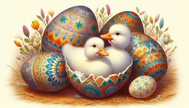 ③«Generated by BingImageCreator»
(White ducklings hatching from colorful Easter eggs), this illustration shows white ducklings hatching from an Easter egg. The Easter egg is decorated with colorful geometric patterns, and the ducklings that hatch from it are pure white and untainted. The illustration is filled with the imagination of resurrection, rebirth, and respect for new life, and the warm brushstrokes, full of joy and hope, give the artist a sense of artisanship.