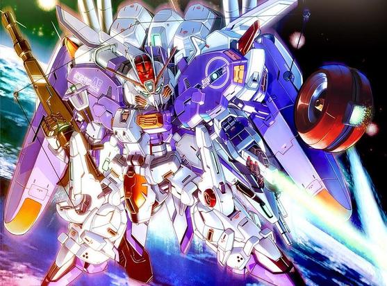 an illustration of a heavily armed white and blue gundam with yellow and red accents, flying in orbit over the globe, facing the viewer 