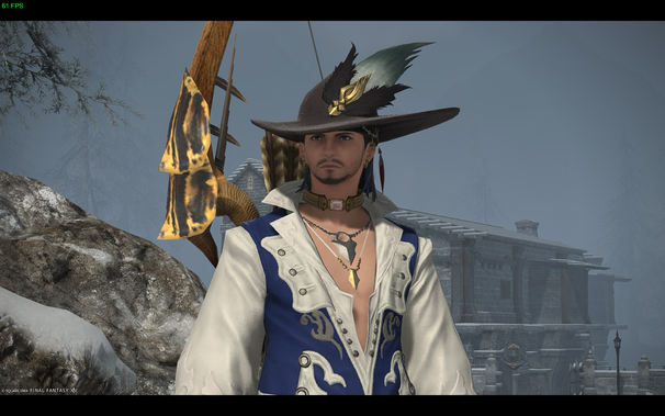 A character in a blue and white outfit with accessories stands in a snowy landscape, a stone building visible in the background.